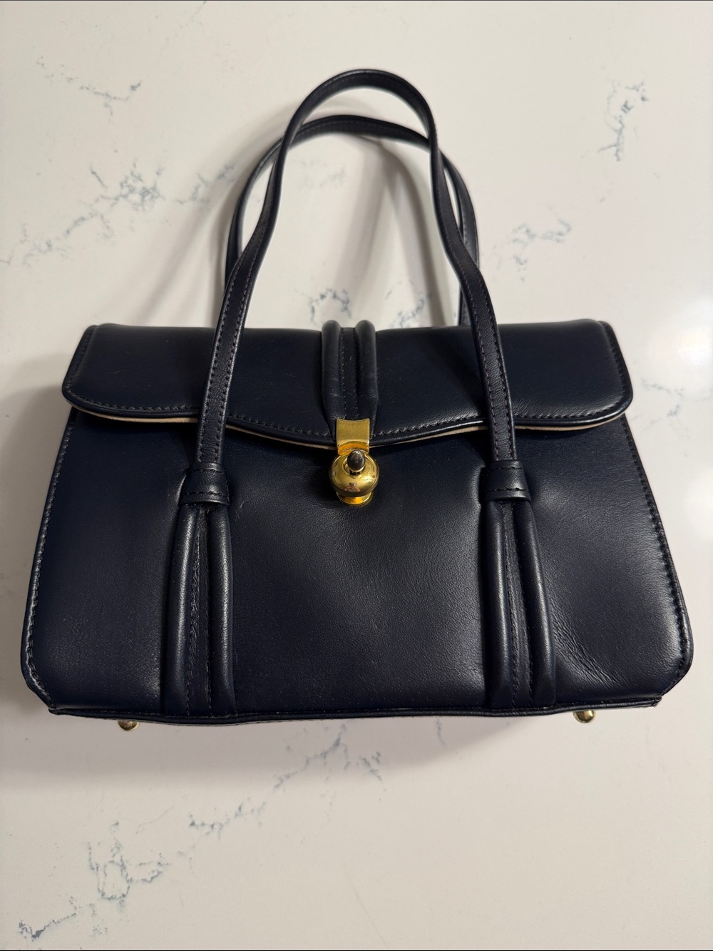 Zenith Navy Leather Satchel with Gold-Tone Lock